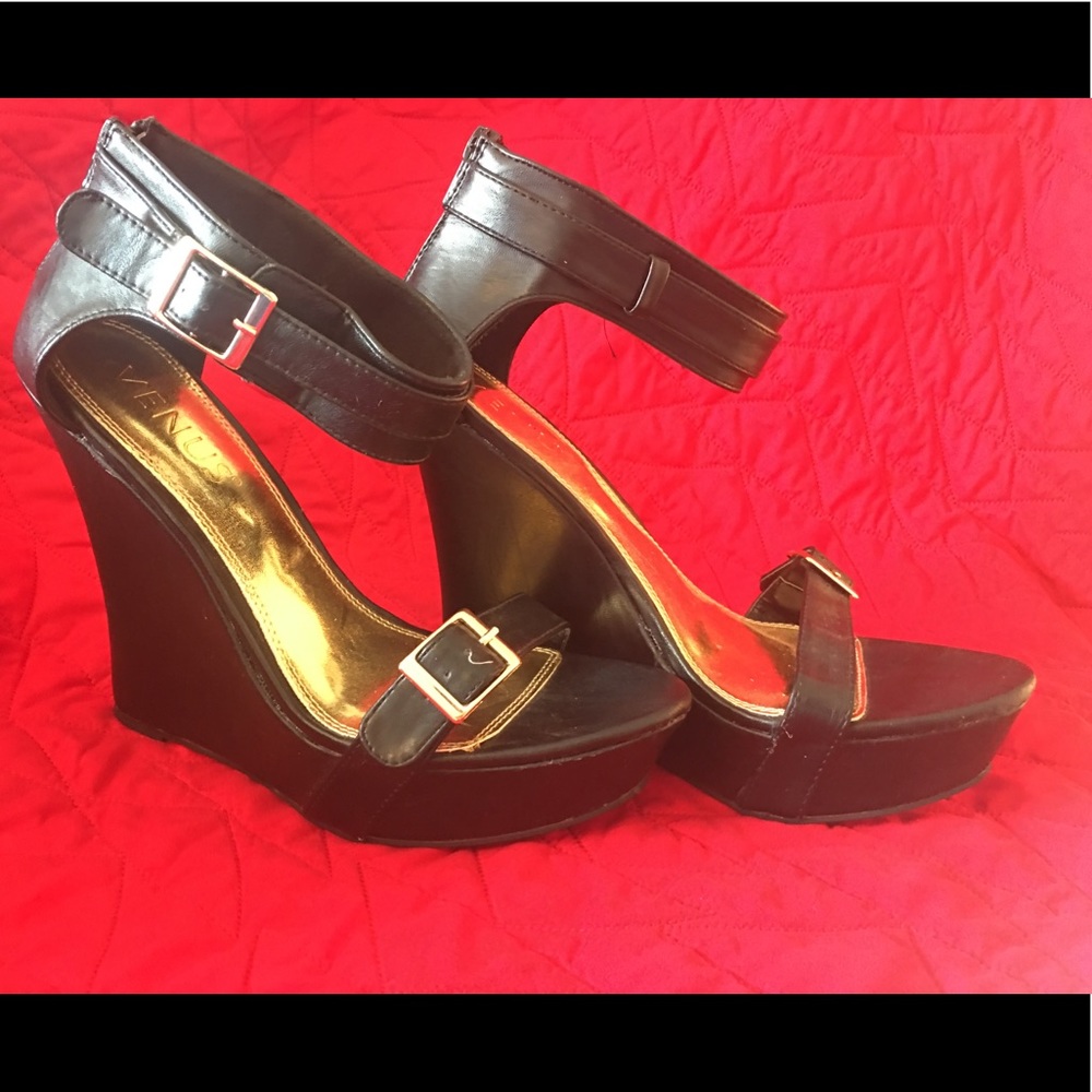 Black Leather Wedges